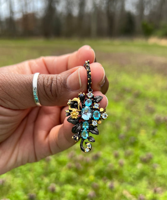 Oval Sky blue Topaz and Aquamarine 14k yellow gold and Rhodium over 925 sterling silver earrings