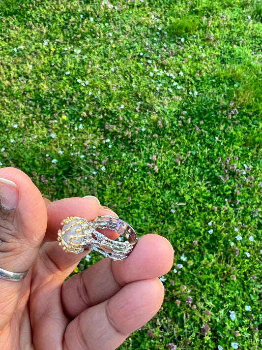 Moonstone 14K yellow gold and rhodium over 925 sterling silver ring size 7 adjustable