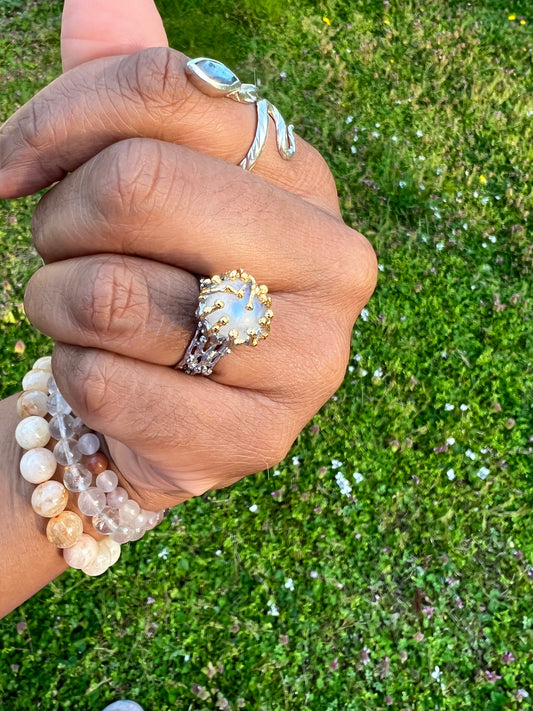 Moonstone 14K yellow gold and rhodium over 925 sterling silver ring size 7 adjustable