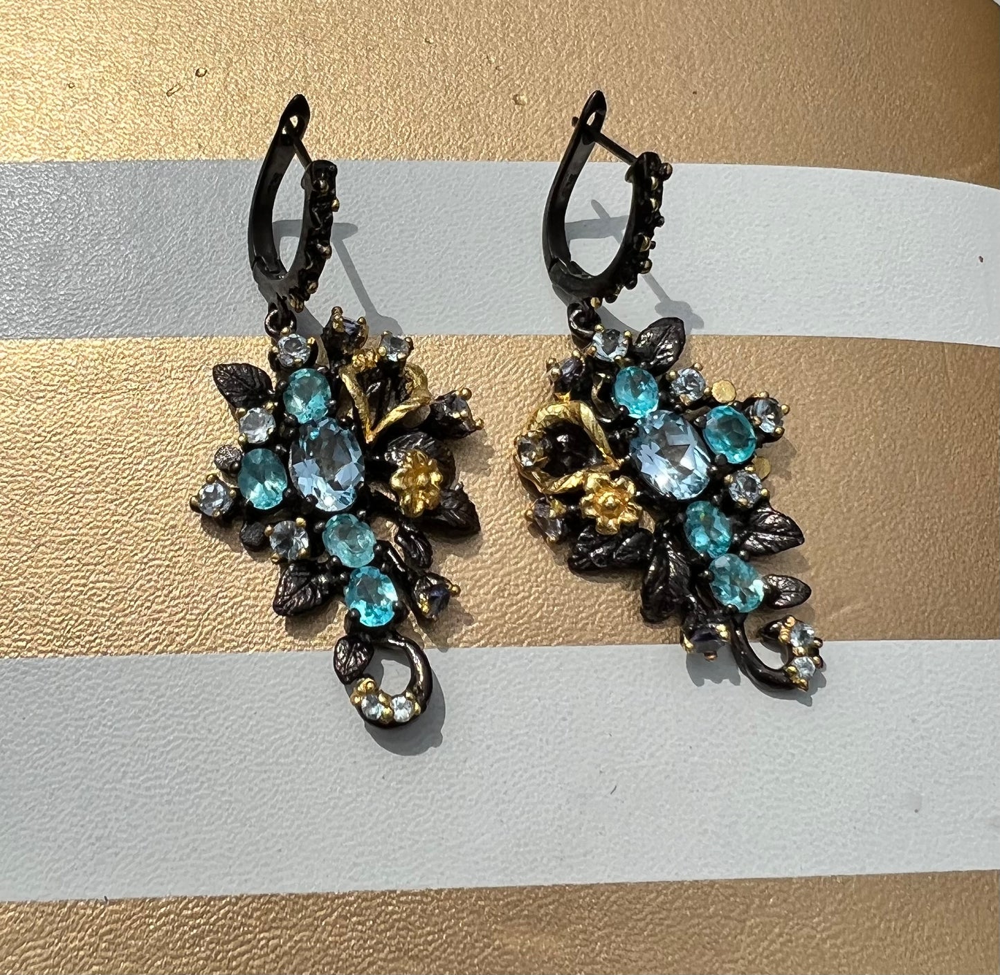 Oval Sky blue Topaz and Aquamarine 14k yellow gold and Rhodium over 925 sterling silver earrings