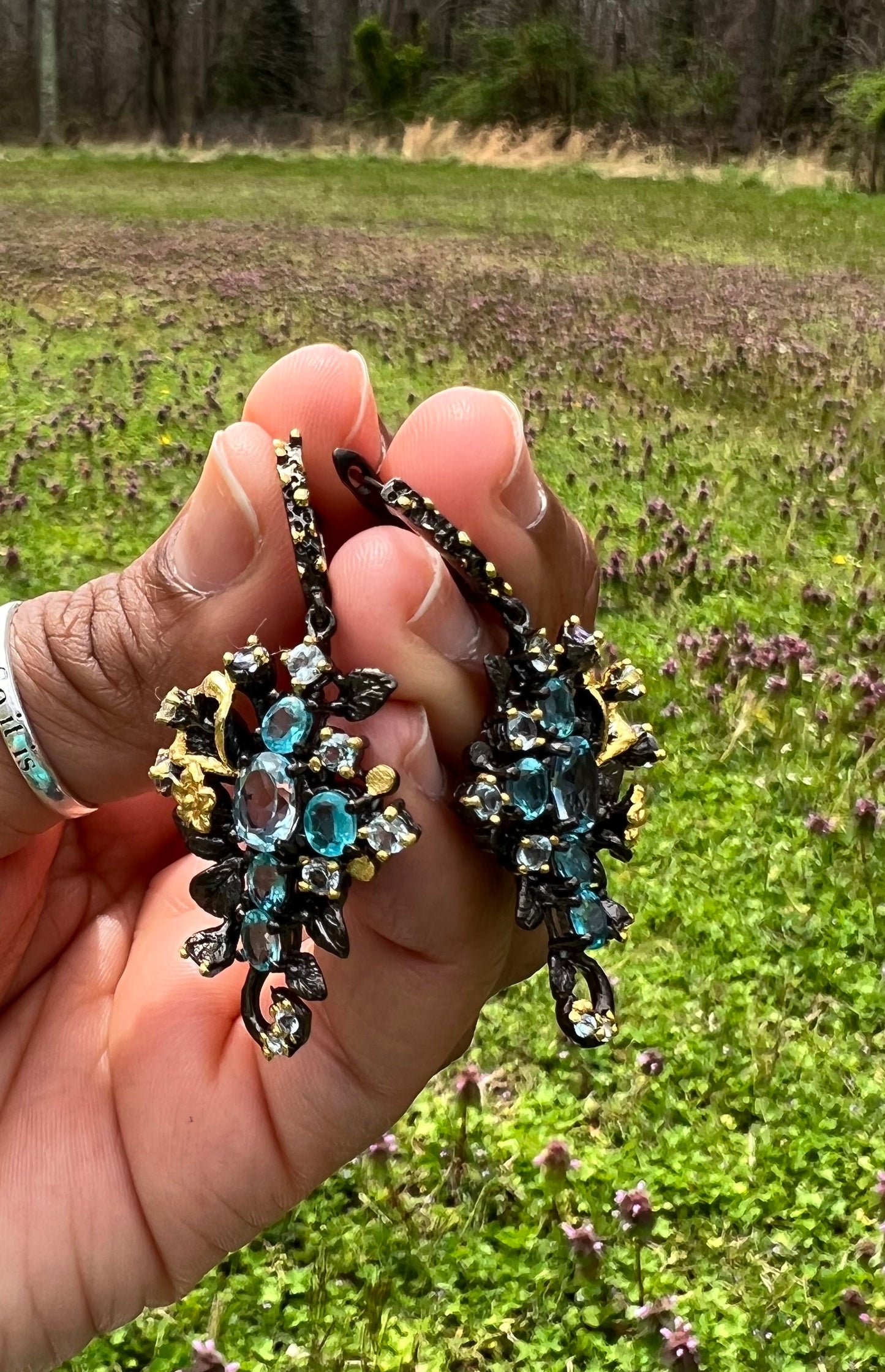 Oval Sky blue Topaz and Aquamarine 14k yellow gold and Rhodium over 925 sterling silver earrings