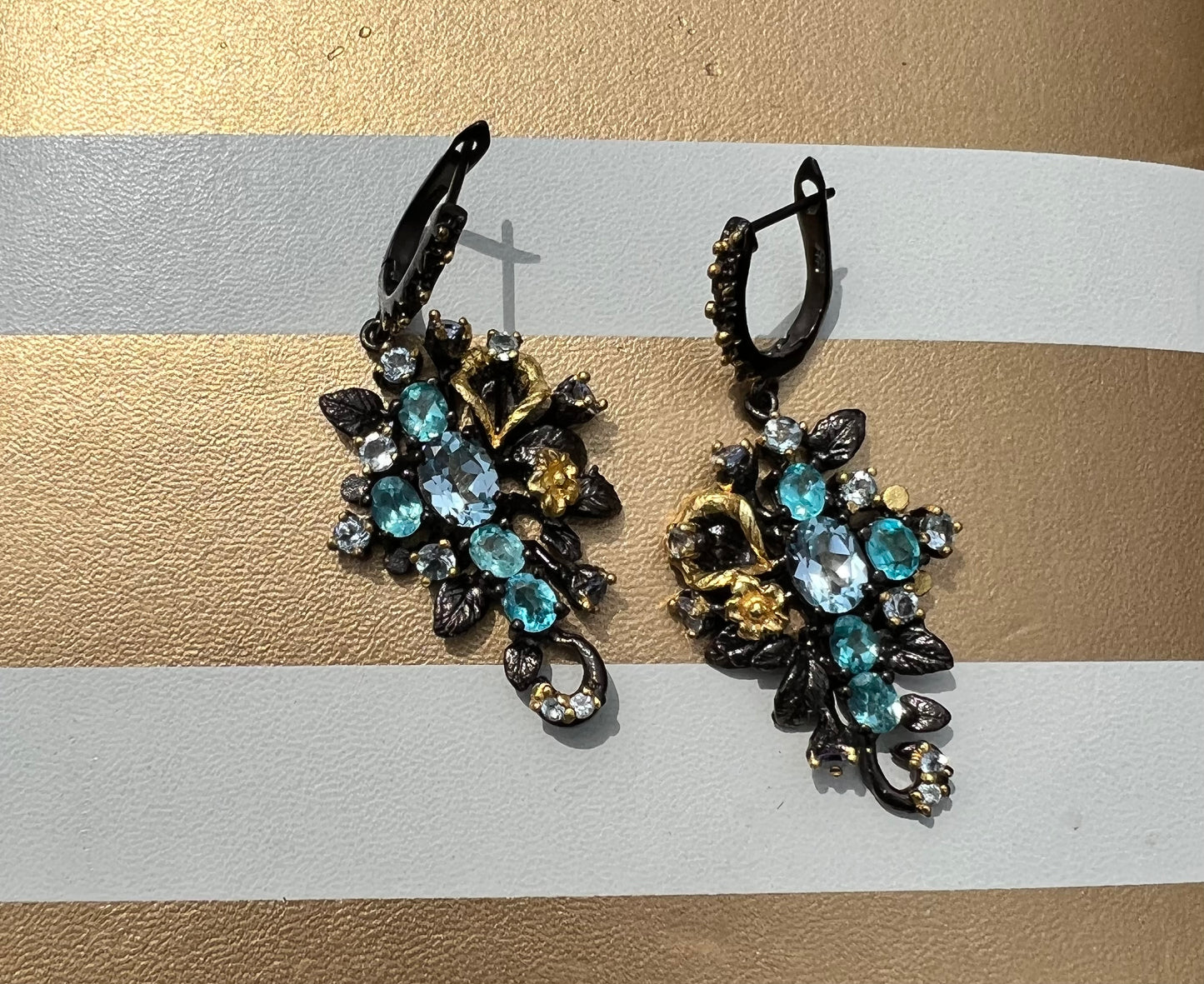 Oval Sky blue Topaz and Aquamarine 14k yellow gold and Rhodium over 925 sterling silver earrings