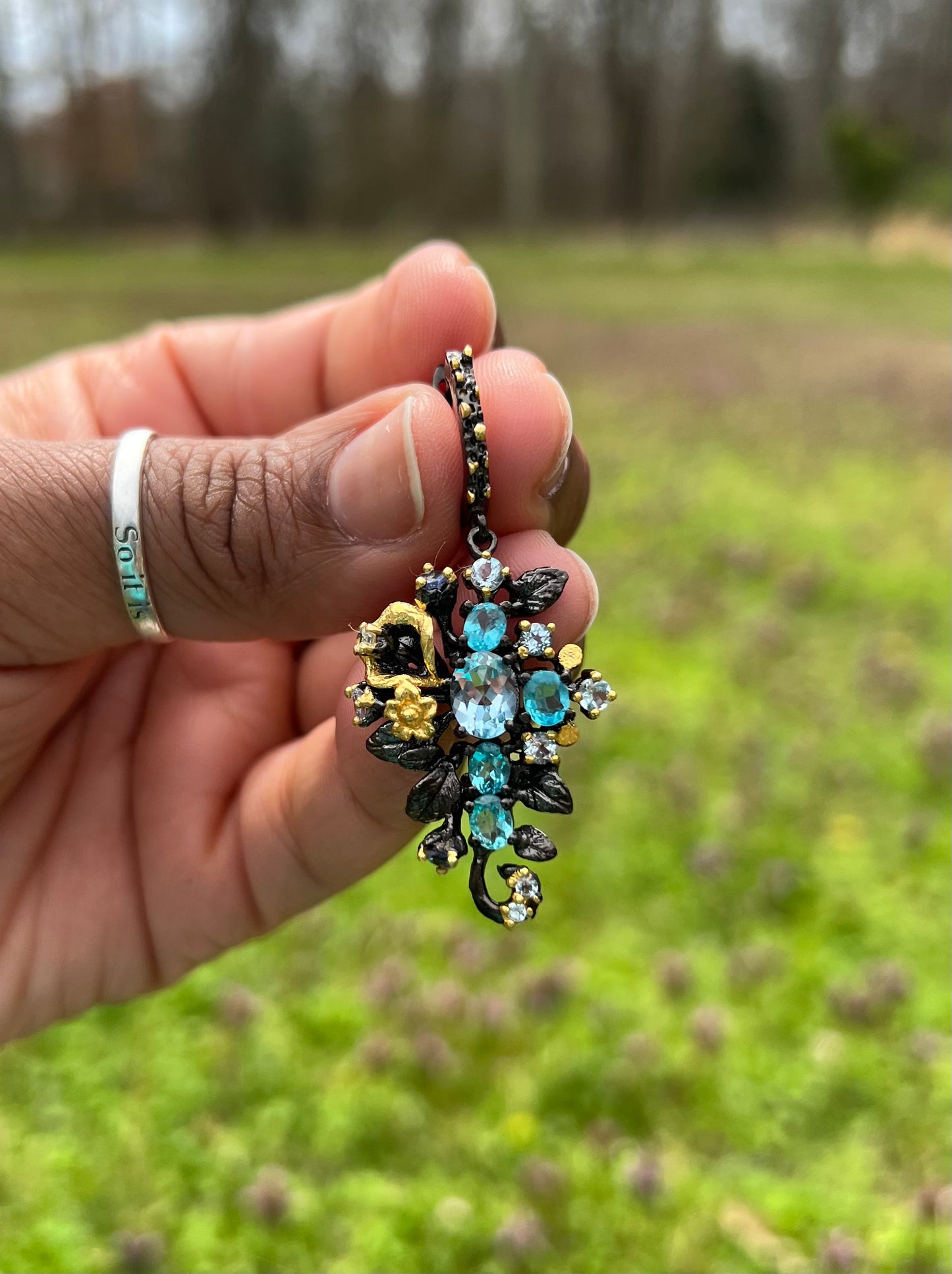 Oval Sky blue Topaz and Aquamarine 14k yellow gold and Rhodium over 925 sterling silver earrings