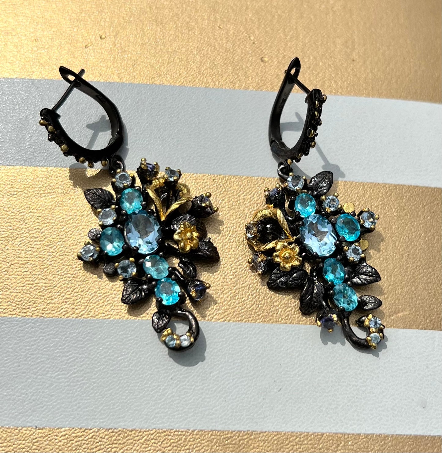 Oval Sky blue Topaz and Aquamarine 14k yellow gold and Rhodium over 925 sterling silver earrings