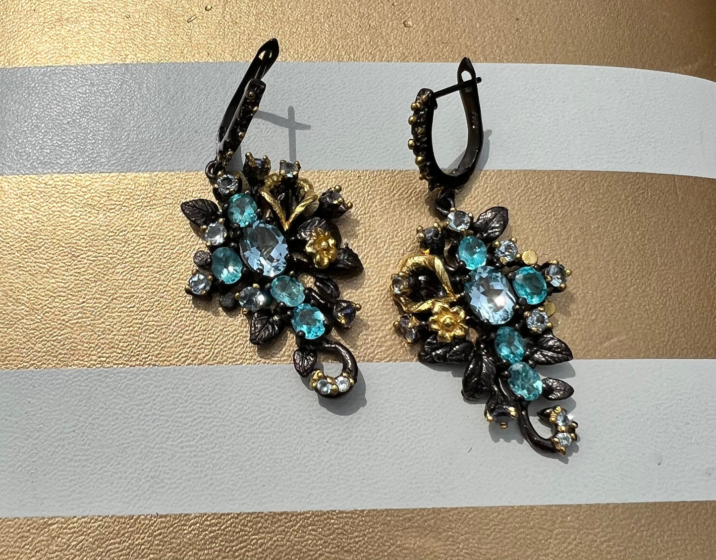 Oval Sky blue Topaz and Aquamarine 14k yellow gold and Rhodium over 925 sterling silver earrings