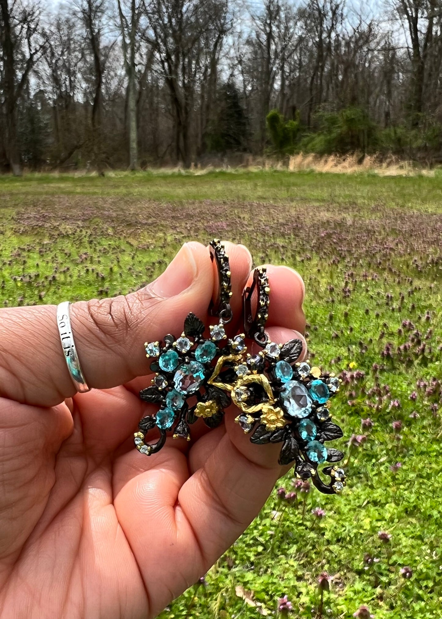 Oval Sky blue Topaz and Aquamarine 14k yellow gold and Rhodium over 925 sterling silver earrings