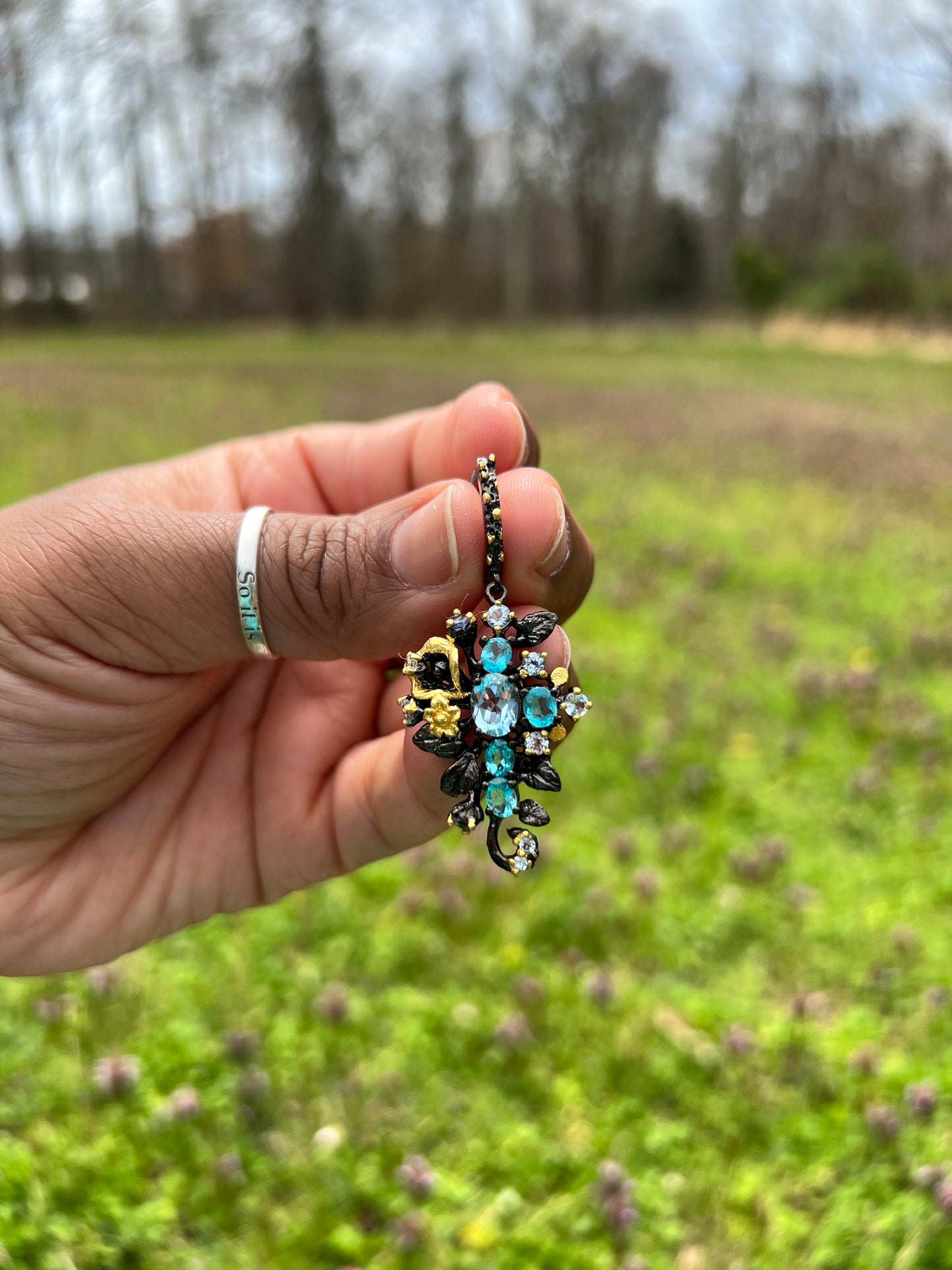 Oval Sky blue Topaz and Aquamarine 14k yellow gold and Rhodium over 925 sterling silver earrings